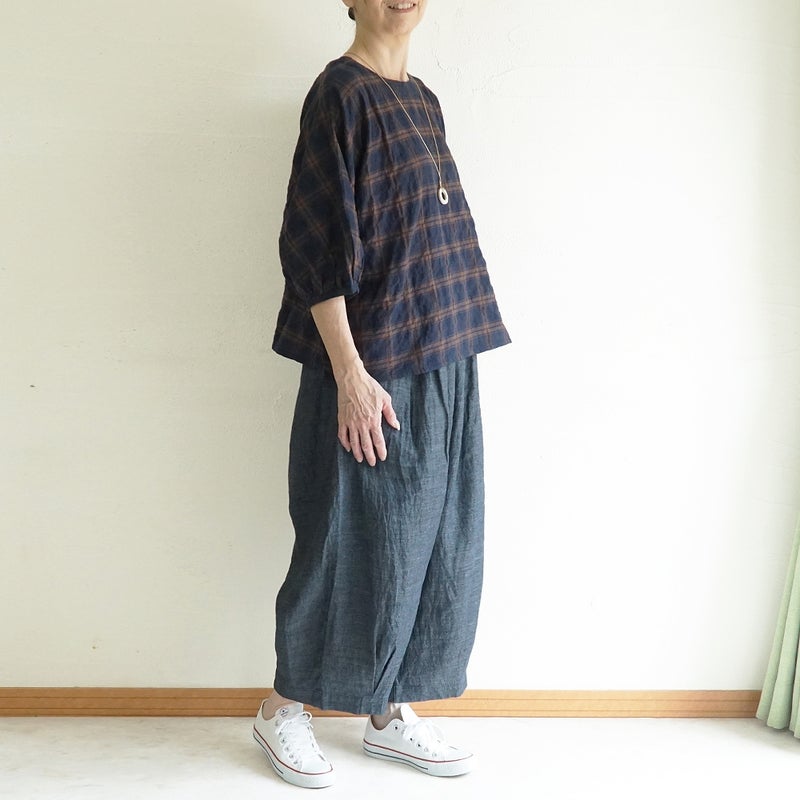 Branch m‘.,ブランチエム,ナチュラル,30代,40代,50代,60代,コットン,ゆったり,綿,チェック,ドルマンブラウス,ドルマンシルエット,チェックブラウス,シャーリングチェック,