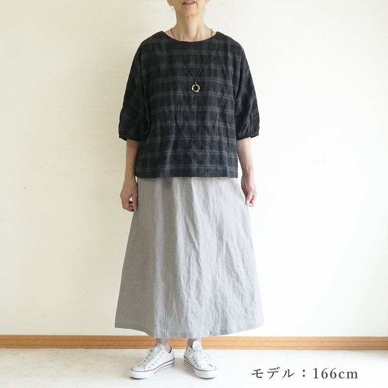 Branch m‘.,ブランチエム,ナチュラル,30代,40代,50代,60代,コットン,ゆったり,綿,チェック,ドルマンブラウス,ドルマンシルエット,チェックブラウス,シャーリングチェック,