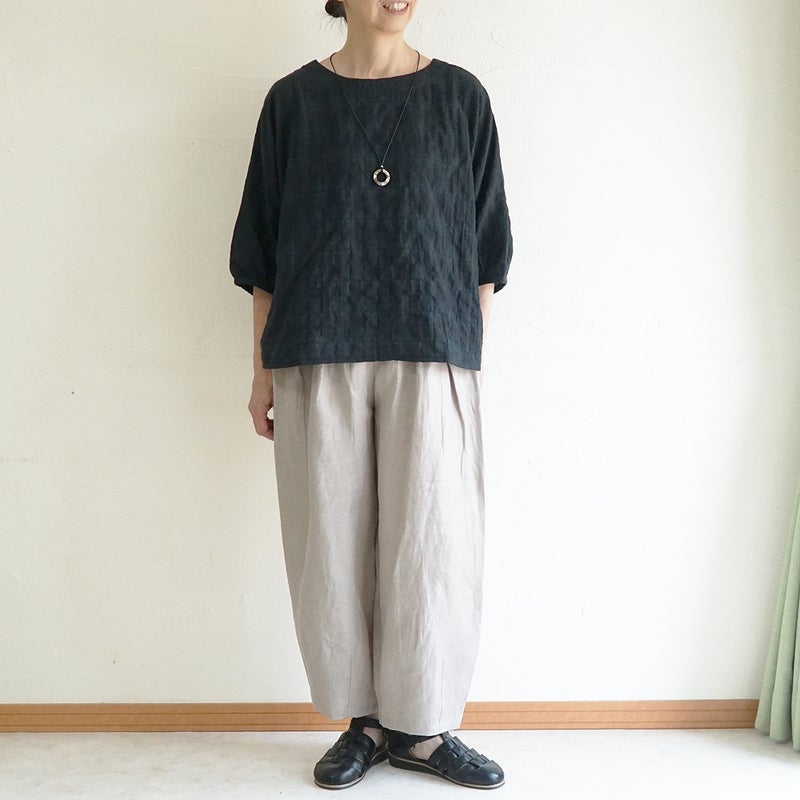 Branch m‘.,ブランチエム,ナチュラル,30代,40代,50代,60代,コットン,ゆったり,綿,チェック,ドルマンブラウス,ドルマンシルエット,チェックブラウス,シャーリングチェック,