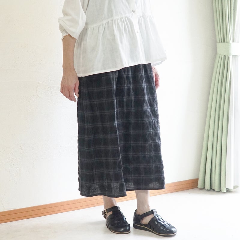 Branch m‘.,ブランチエム,ナチュラル,30代,40代,50代,60代,コットン,ゆったり,綿,チェック,スカート,ギャザースカート,チェックスカート,シャーリングチェック,