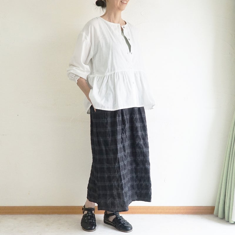 Branch m‘.,ブランチエム,ナチュラル,30代,40代,50代,60代,コットン,ゆったり,綿,チェック,スカート,ギャザースカート,チェックスカート,シャーリングチェック,