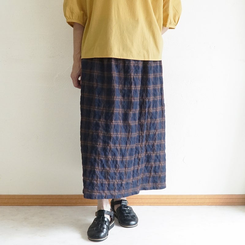 Branch m‘.,ブランチエム,ナチュラル,30代,40代,50代,60代,コットン,ゆったり,綿,チェック,スカート,ギャザースカート,チェックスカート,シャーリングチェック,