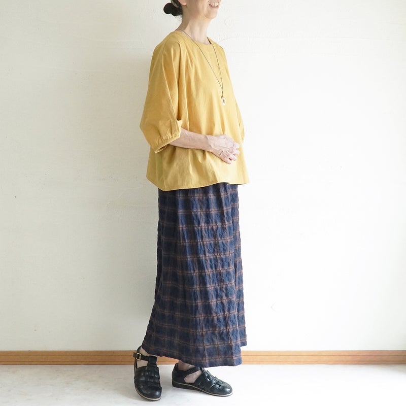 Branch m‘.,ブランチエム,ナチュラル,30代,40代,50代,60代,コットン,ゆったり,綿,チェック,スカート,ギャザースカート,チェックスカート,シャーリングチェック,