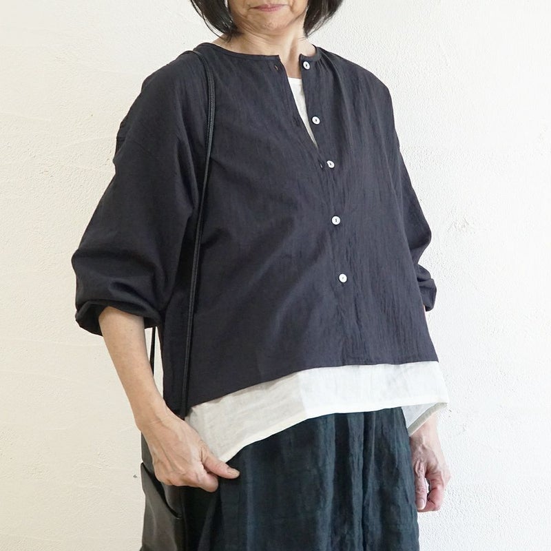 Branch m‘.,ブランチエム,ナチュラル,30代,40代,50代,60代,コットン,綿,ゆったり,ブラウス,コットンブラウス,綿ローン,東炊き,シアーブラウス,シアーシャツ,ノーカラーブラウス