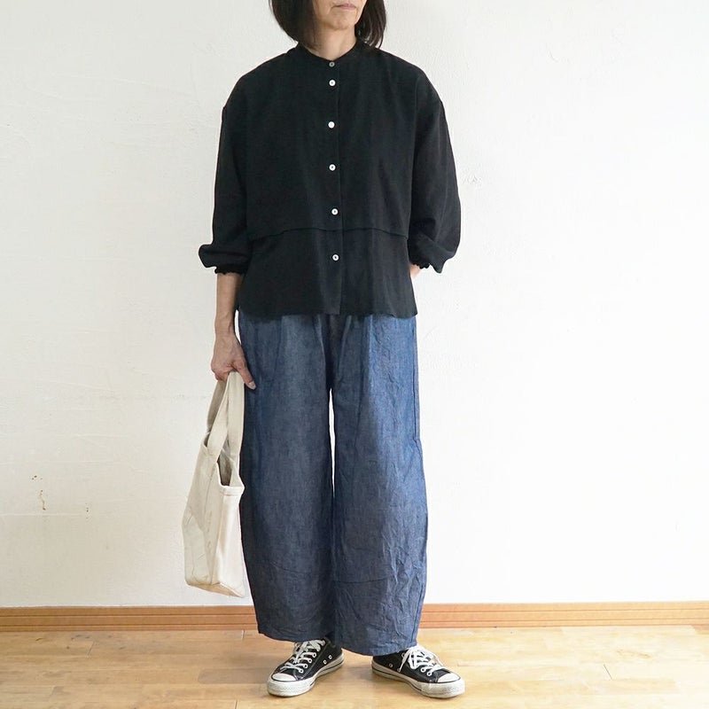 Branch m‘.,ブランチエム,ナチュラル,30代,40代,50代,60代,リネン,コットンリネン,綿麻,ゆったり,ブラウス,長袖,バンドカラー,シャツ,バンドカラーシャツ,バンドカラーブラウス,切替,切替ブラウス