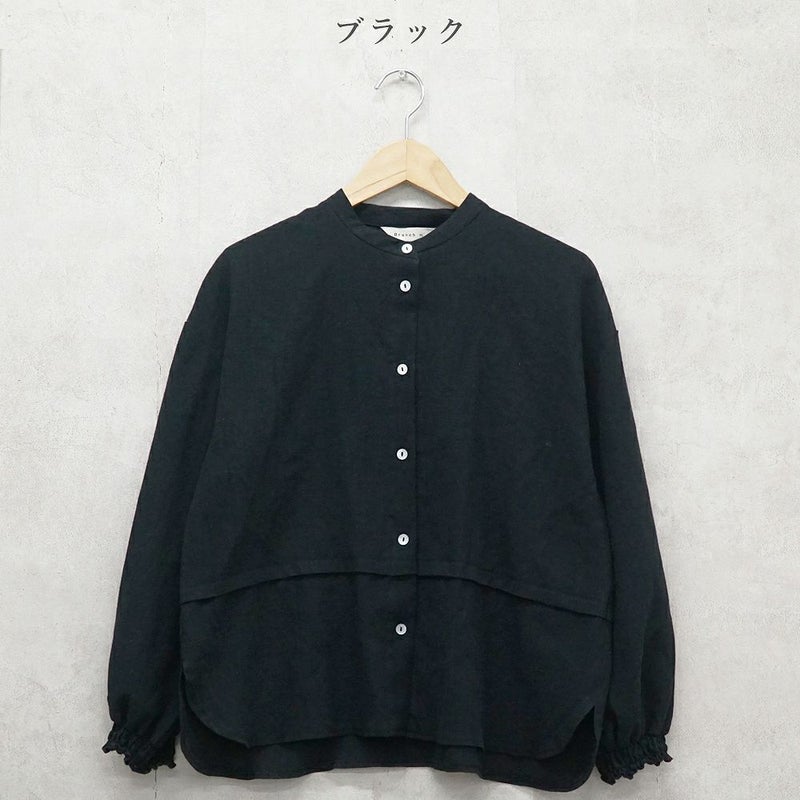 Branch m‘.,ブランチエム,ナチュラル,30代,40代,50代,60代,リネン,コットンリネン,綿麻,ゆったり,ブラウス,長袖,バンドカラー,シャツ,バンドカラーシャツ,バンドカラーブラウス,切替,切替ブラウス