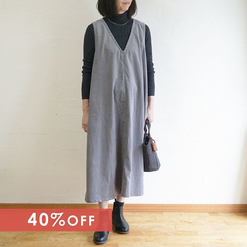 Branch m‘.,ブランチエム,ナチュラル,30代,40代,50代,60代,コットン,綿,ゆったり,ワンピース,ノースリーブワンピース,Vネックワンピース,コーデュロイ,細コール,コーデュロイワンピース,細コールワンピース
