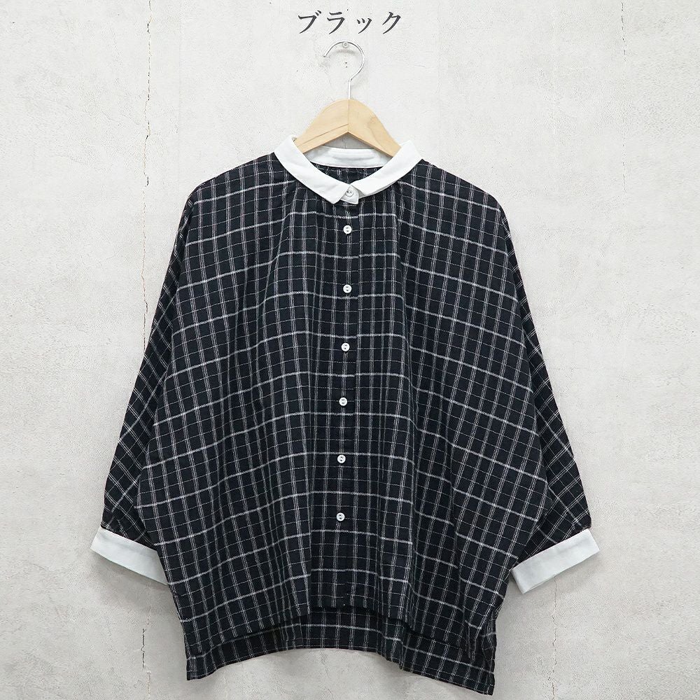 Branch m‘.,ブランチエム,ナチュラル,30代,40代,50代,60代,ゆったり,コットン,綿,リネン,麻,コットンリネン,ブラウス,チェック,チェックブラウス,配色,配色ブラウス,