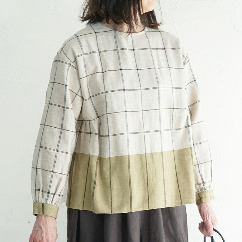 Branch m‘.,ブランチエム,ナチュラル,30代,40代,50代,60代,ゆったり,コットン,綿,リネン,麻,コットンリネン,ブラウス,チェック,チェックブラウス,配色,配色ブラウス,起毛ブラウス,起毛,プルオーバーブラウス,プルオーバー