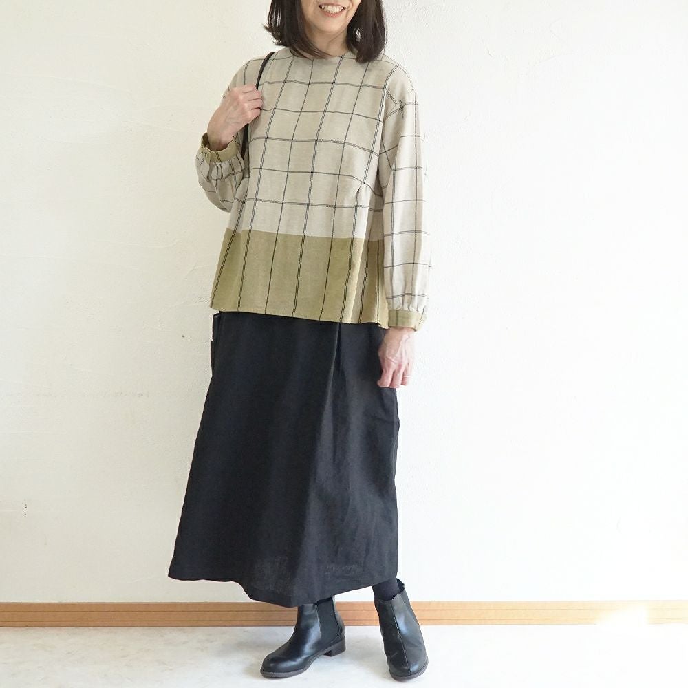 Branch m‘.,ブランチエム,ナチュラル,30代,40代,50代,60代,ゆったり,コットン,綿,リネン,麻,コットンリネン,ブラウス,チェック,チェックブラウス,配色,配色ブラウス,起毛ブラウス,起毛,プルオーバーブラウス,プルオーバー