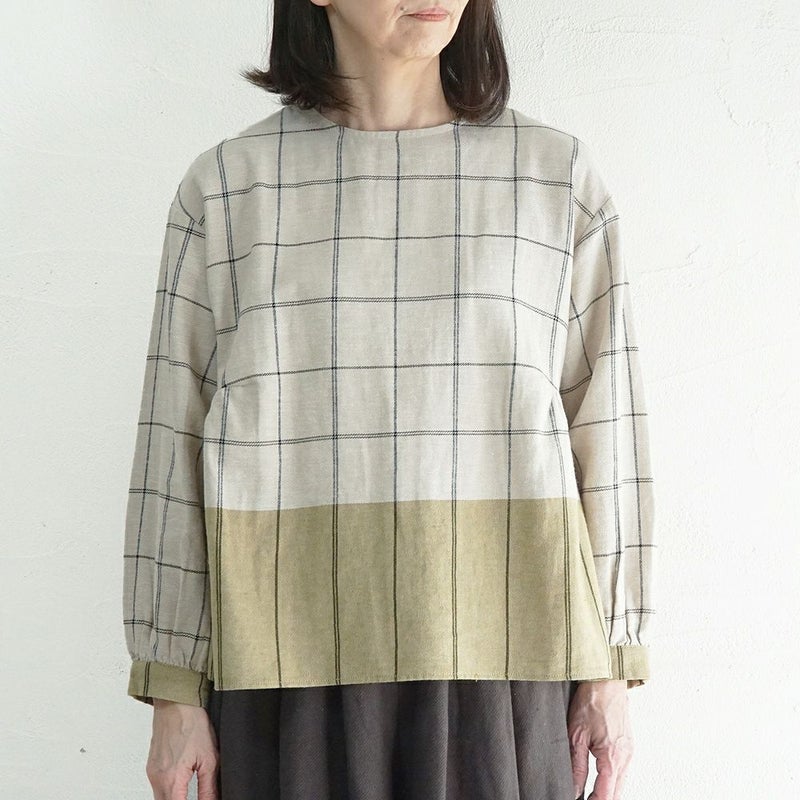 Branch m‘.,ブランチエム,ナチュラル,30代,40代,50代,60代,ゆったり,コットン,綿,リネン,麻,コットンリネン,ブラウス,チェック,チェックブラウス,配色,配色ブラウス,起毛ブラウス,起毛,プルオーバーブラウス,プルオーバー