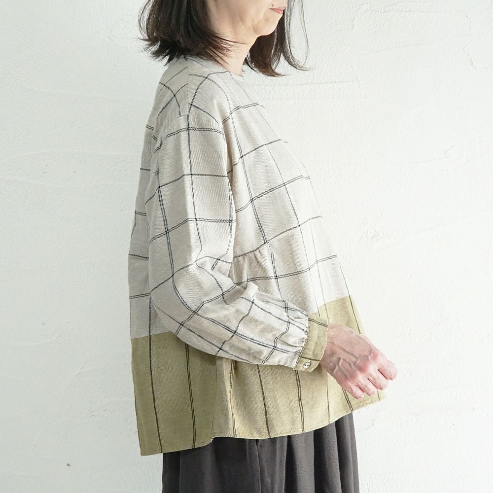 Branch m‘.,ブランチエム,ナチュラル,30代,40代,50代,60代,ゆったり,コットン,綿,リネン,麻,コットンリネン,ブラウス,チェック,チェックブラウス,配色,配色ブラウス,起毛ブラウス,起毛,プルオーバーブラウス,プルオーバー