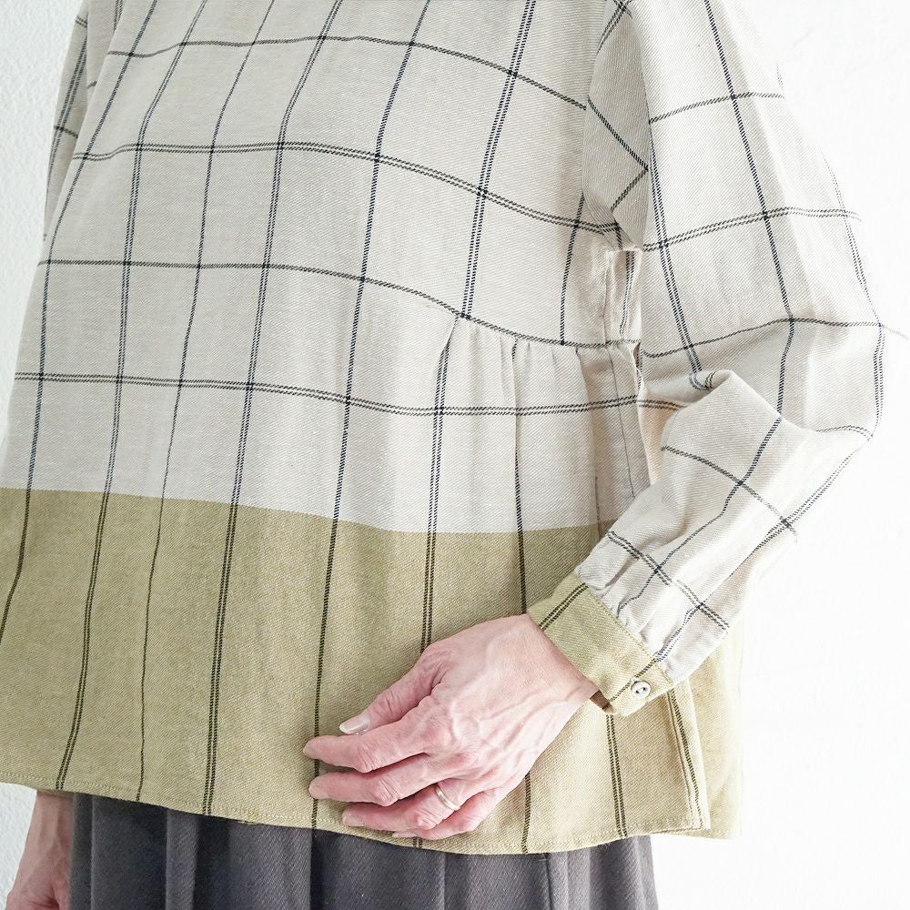 Branch m‘.,ブランチエム,ナチュラル,30代,40代,50代,60代,ゆったり,コットン,綿,リネン,麻,コットンリネン,ブラウス,チェック,チェックブラウス,配色,配色ブラウス,起毛ブラウス,起毛,プルオーバーブラウス,プルオーバー