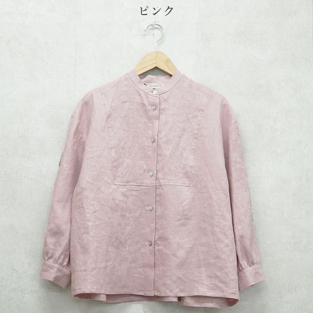 Branch m‘.,ブランチエム,ナチュラル,30代,40代,50代,60代,リネン,ゆったり,blouse,ブラウス,リネンブラウス,バンドカラー,バンドカラーブラウス,スタンドカラー,スタンドカラーブラウス,切替ブラウス