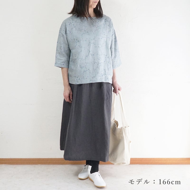 Branch m‘.,ブランチエム,ナチュラル,30代,40代,50代,60代,リネン,ゆったり,blouse,ブラウス,リネンブラウス,プルオーバー,プルオーバーブラウス,ギャザーブラウス,タックブラウス,7分袖,7分袖ブラウス,花柄,花柄ブラウス,