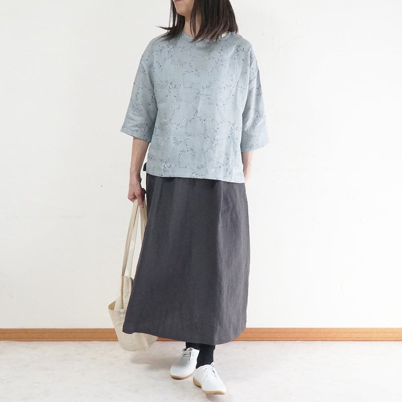 Branch m‘.,ブランチエム,ナチュラル,30代,40代,50代,60代,リネン,ゆったり,blouse,ブラウス,リネンブラウス,プルオーバー,プルオーバーブラウス,ギャザーブラウス,タックブラウス,7分袖,7分袖ブラウス,花柄,花柄ブラウス,