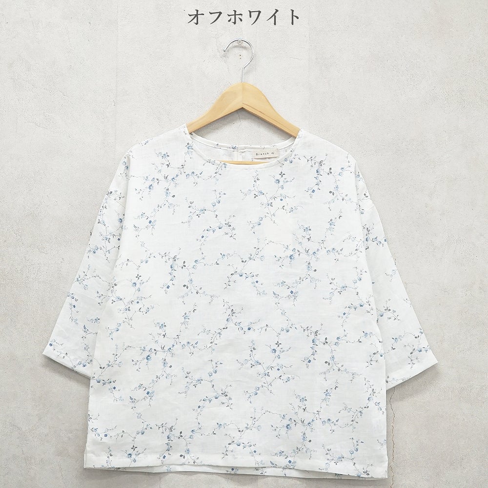 Branch m‘.,ブランチエム,ナチュラル,30代,40代,50代,60代,リネン,ゆったり,blouse,ブラウス,リネンブラウス,プルオーバー,プルオーバーブラウス,ギャザーブラウス,タックブラウス,7分袖,7分袖ブラウス,花柄,花柄ブラウス,