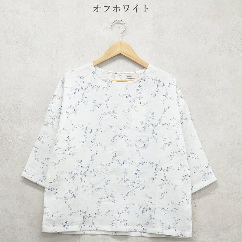 Branch m‘.,ブランチエム,ナチュラル,30代,40代,50代,60代,リネン,ゆったり,blouse,ブラウス,リネンブラウス,プルオーバー,プルオーバーブラウス,ギャザーブラウス,タックブラウス,7分袖,7分袖ブラウス,花柄,花柄ブラウス,