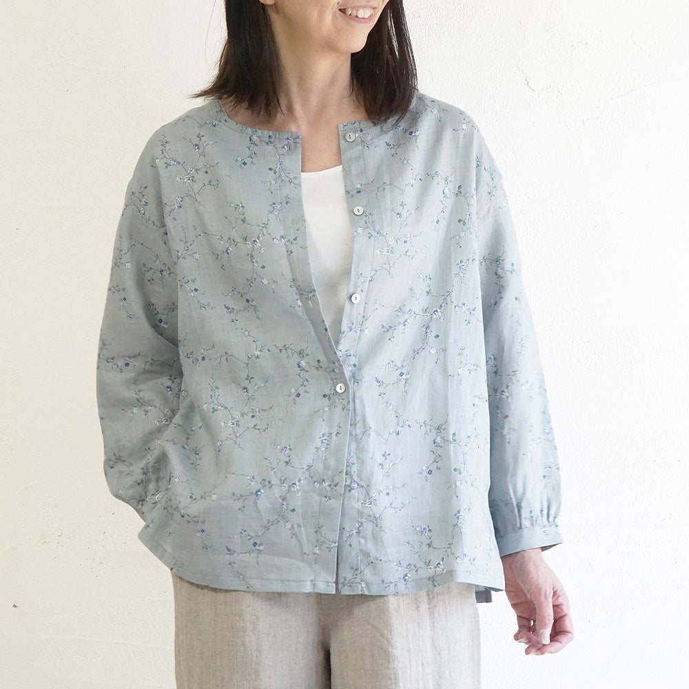 美品☆クリーニング済み　Plantation　長袖　ブラウス　麻　リネン　花柄 BR6046】 リネン花柄プリント・クルーネック羽織ブラウス | ブランチ