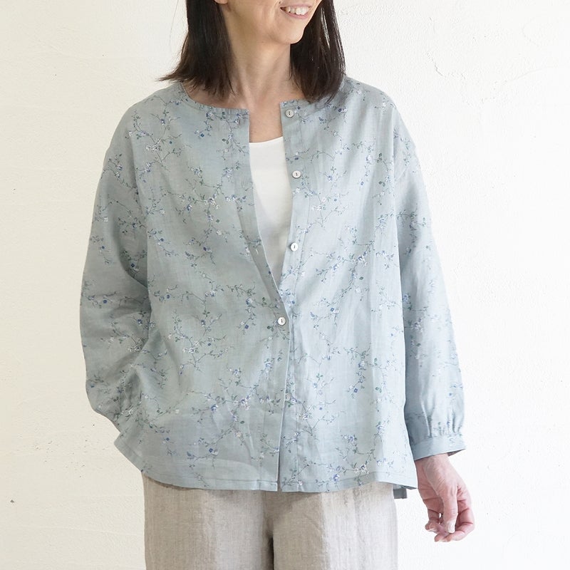 Branch m‘.,ブランチエム,ナチュラル,30代,40代,50代,60代,リネン,ゆったり,blouse,ブラウス,リネンブラウス,羽織,羽織ブラウス,花柄,花柄ブラウス,クルーネック,