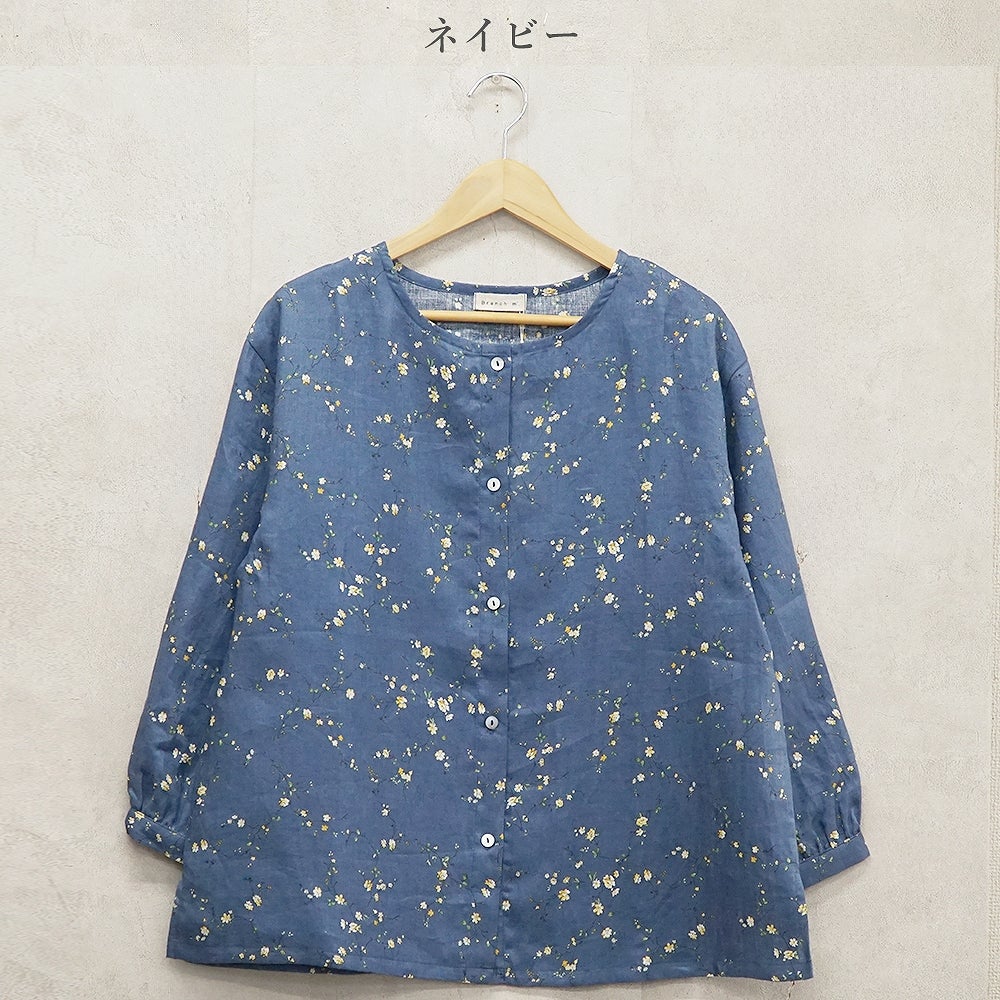 BR6046】 リネン花柄プリント・クルーネック羽織ブラウス | ブランチ