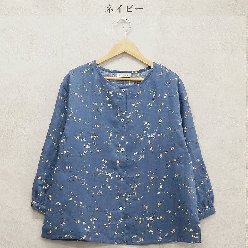 Branch m‘.,ブランチエム,ナチュラル,30代,40代,50代,60代,リネン,ゆったり,blouse,ブラウス,リネンブラウス,羽織,羽織ブラウス,花柄,花柄ブラウス,クルーネック,