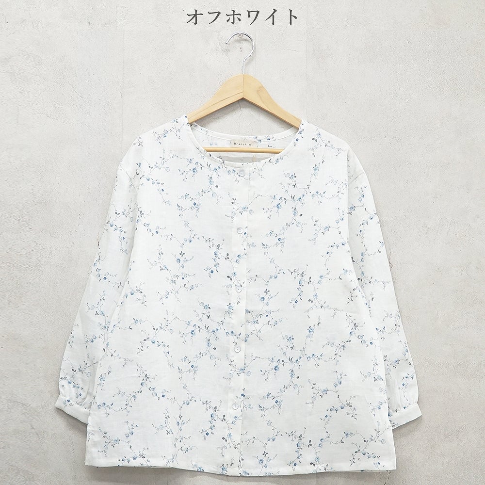 Branch m‘.,ブランチエム,ナチュラル,30代,40代,50代,60代,リネン,ゆったり,blouse,ブラウス,リネンブラウス,羽織,羽織ブラウス,花柄,花柄ブラウス,クルーネック,