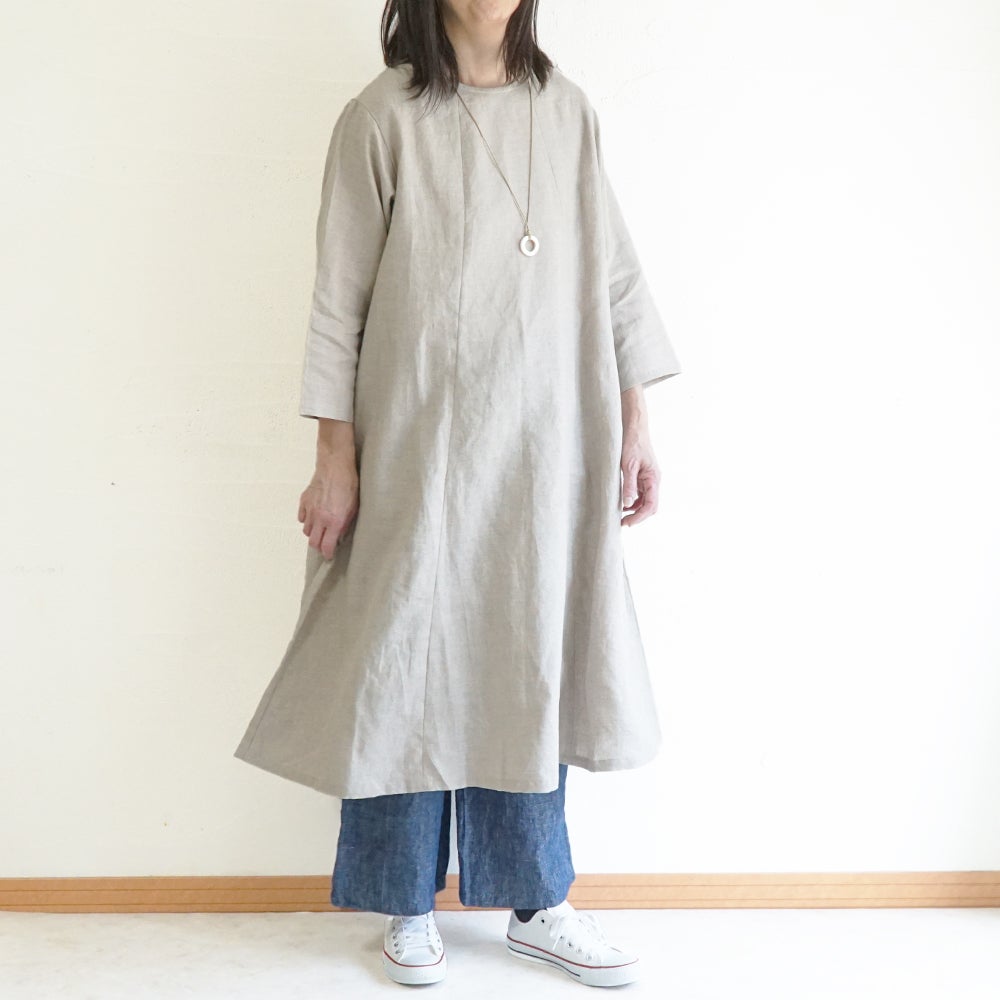 Branch m‘.,ブランチエム,ナチュラル,30代,40代,50代,60代,リネン,ゆったり,ワンピース,リネンワンピース,７分袖ワンピース,フレアワンピース