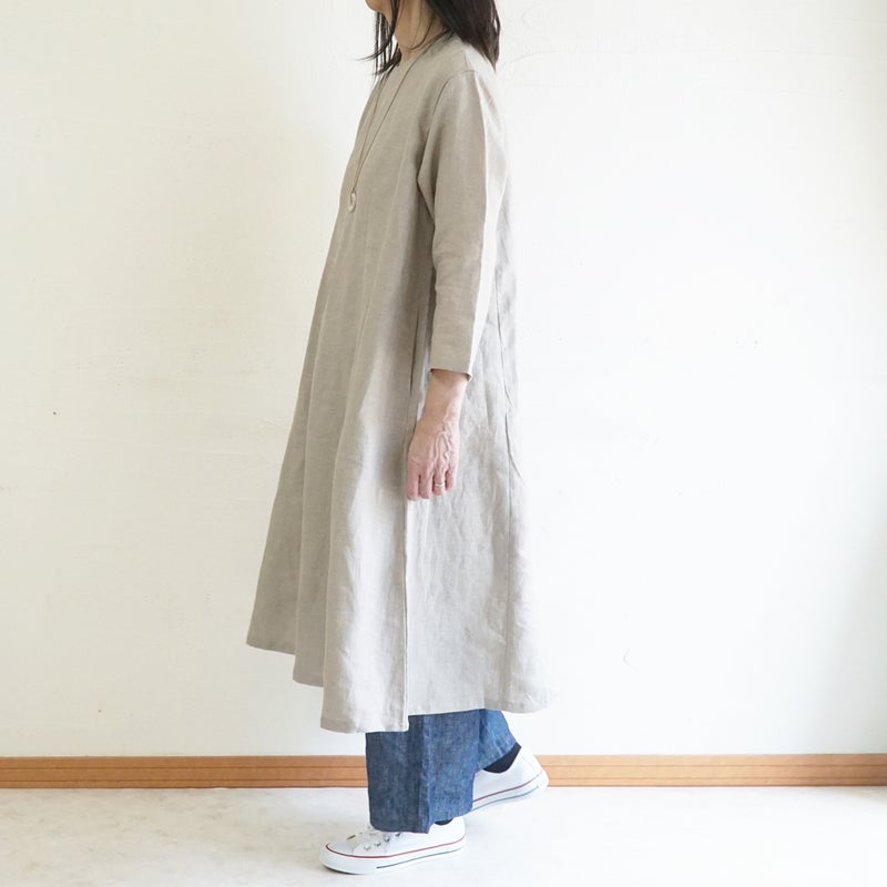 Branch m‘.,ブランチエム,ナチュラル,30代,40代,50代,60代,リネン,ゆったり,ワンピース,リネンワンピース,７分袖ワンピース,フレアワンピース