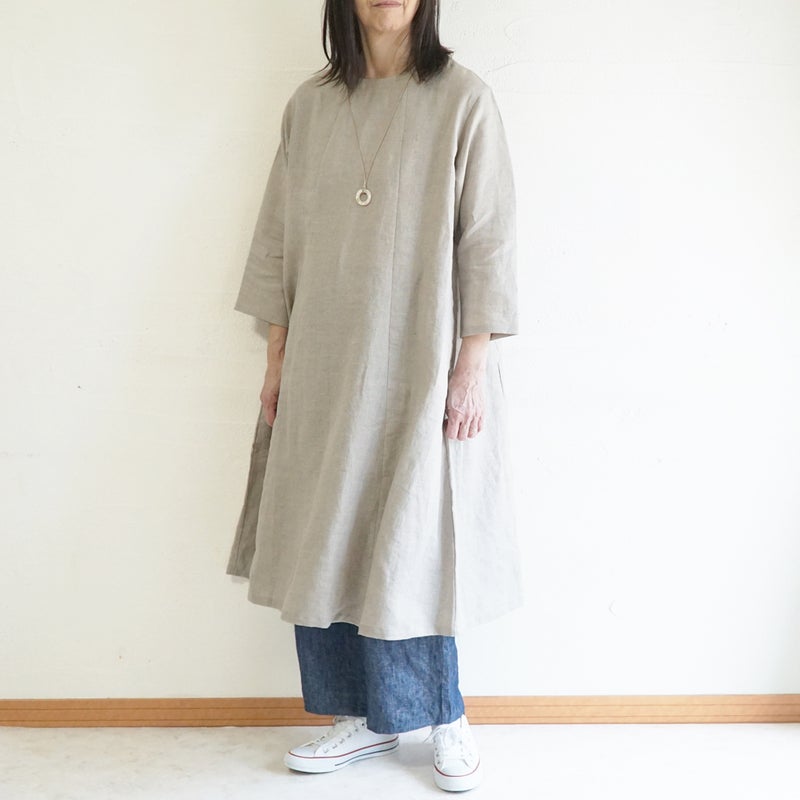 Branch m‘.,ブランチエム,ナチュラル,30代,40代,50代,60代,リネン,ゆったり,ワンピース,リネンワンピース,７分袖ワンピース,フレアワンピース