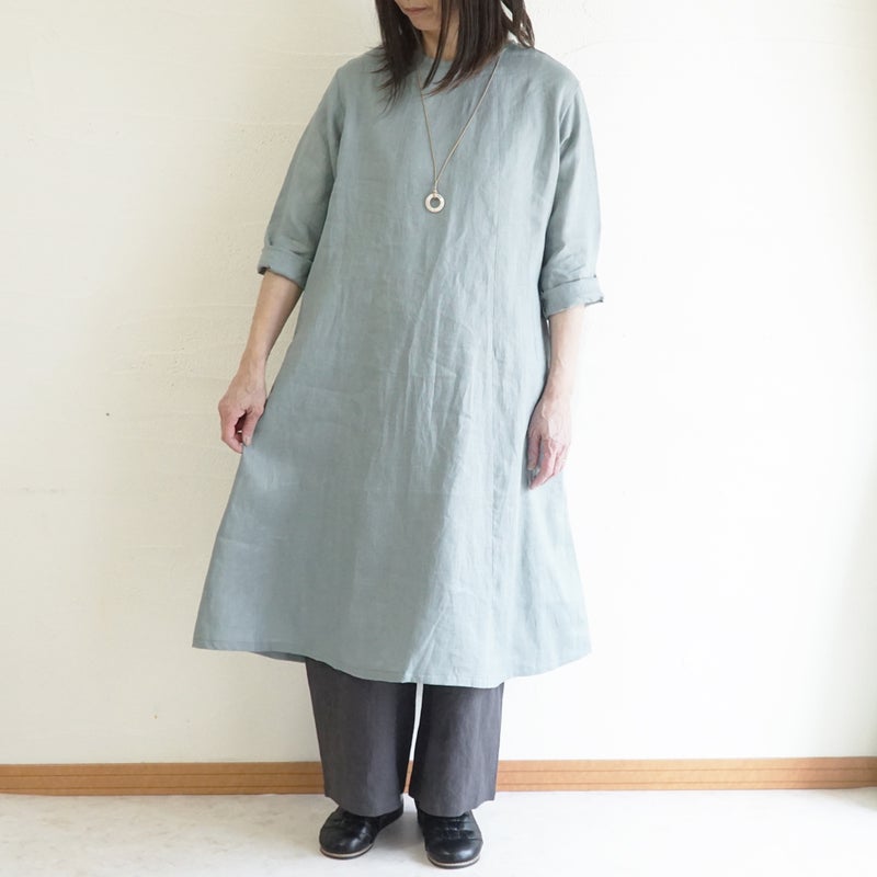 Branch m‘.,ブランチエム,ナチュラル,30代,40代,50代,60代,リネン,ゆったり,ワンピース,リネンワンピース,７分袖ワンピース,フレアワンピース