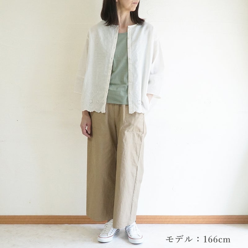 Branch m‘.,ブランチエム,ナチュラル,30代,40代,50代,60代,リネン,ゆったり,コットンリネン,綿,麻,綿麻,ブラウス,刺繍,刺繡ブラウス,スカラップ,スカラップ刺繍,2way,2wayブラウス,
