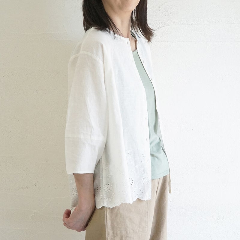 Branch m‘.,ブランチエム,ナチュラル,30代,40代,50代,60代,リネン,ゆったり,コットンリネン,綿,麻,綿麻,ブラウス,刺繍,刺繡ブラウス,スカラップ,スカラップ刺繍,2way,2wayブラウス,