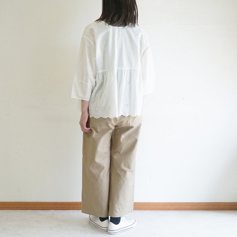 Branch m‘.,ブランチエム,ナチュラル,30代,40代,50代,60代,リネン,ゆったり,コットンリネン,綿,麻,綿麻,ブラウス,刺繍,刺繡ブラウス,スカラップ,スカラップ刺繍,2way,2wayブラウス,