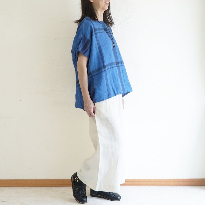 Branch m‘.,ブランチエム,ナチュラル,30代,40代,50代,60代,リネン,ゆったり,ブラウス,リネンブラウス,プルオーバー,チェック,チェックブラウス,ドルマンブラウス,