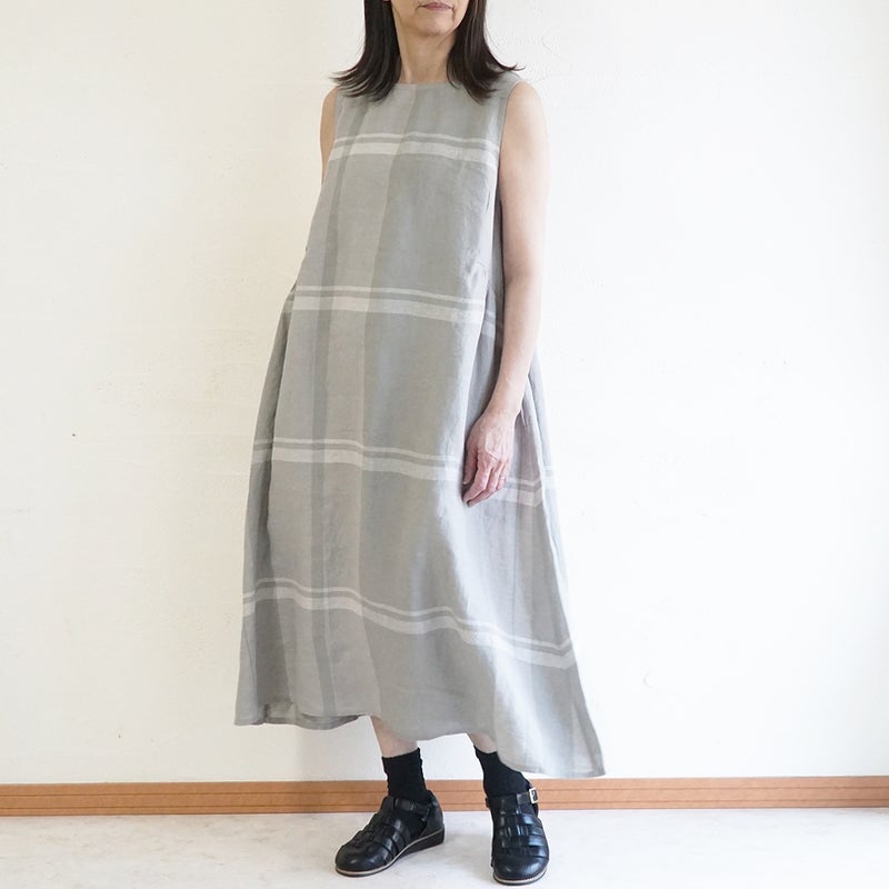 Branch m‘.,ブランチエム,ナチュラル,30代,40代,50代,60代,リネン,ゆったり,ワンピース,リネンワンピース,チェック,チェック柄,チェックワンピース,チェック柄ワンピース,ノースリーブワンピース,