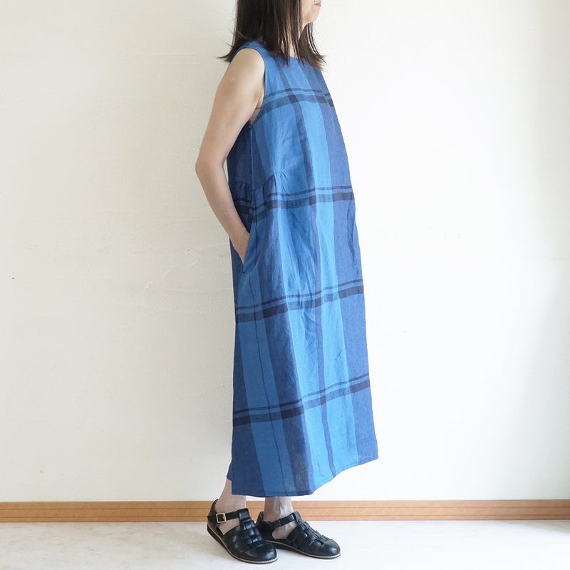 Branch m‘.,ブランチエム,ナチュラル,30代,40代,50代,60代,リネン,ゆったり,ワンピース,リネンワンピース,チェック,チェック柄,チェックワンピース,チェック柄ワンピース,ノースリーブワンピース,