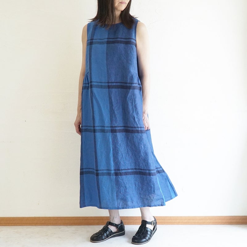Branch m‘.,ブランチエム,ナチュラル,30代,40代,50代,60代,リネン,ゆったり,ワンピース,リネンワンピース,チェック,チェック柄,チェックワンピース,チェック柄ワンピース,ノースリーブワンピース,