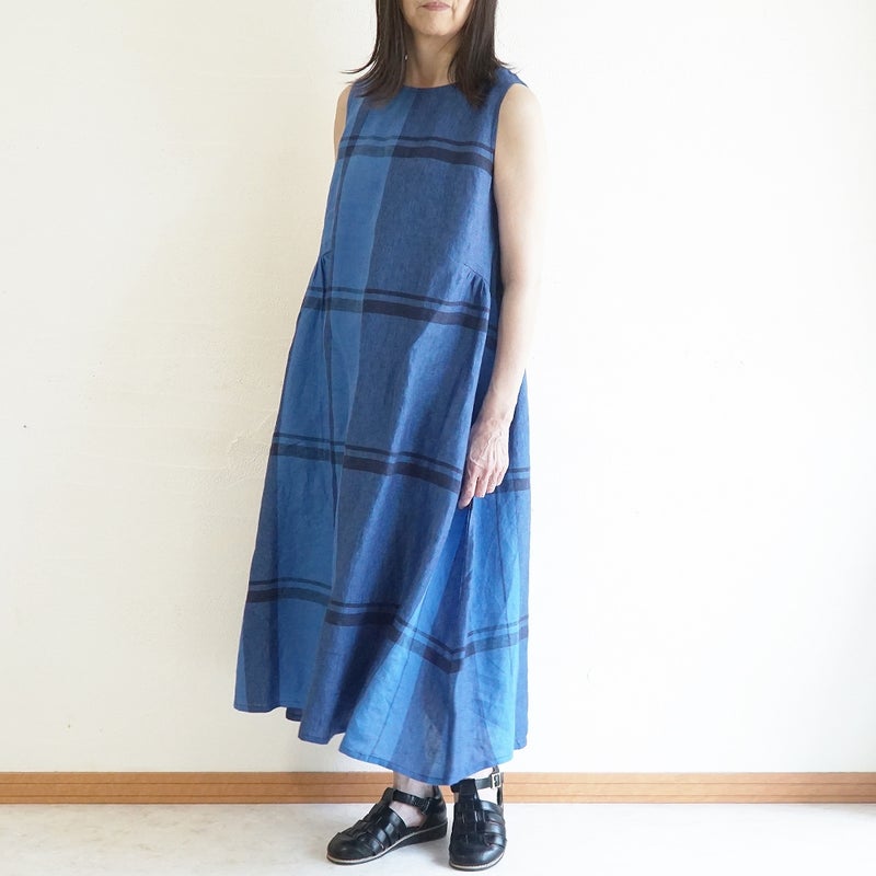 Branch m‘.,ブランチエム,ナチュラル,30代,40代,50代,60代,リネン,ゆったり,ワンピース,リネンワンピース,チェック,チェック柄,チェックワンピース,チェック柄ワンピース,ノースリーブワンピース,