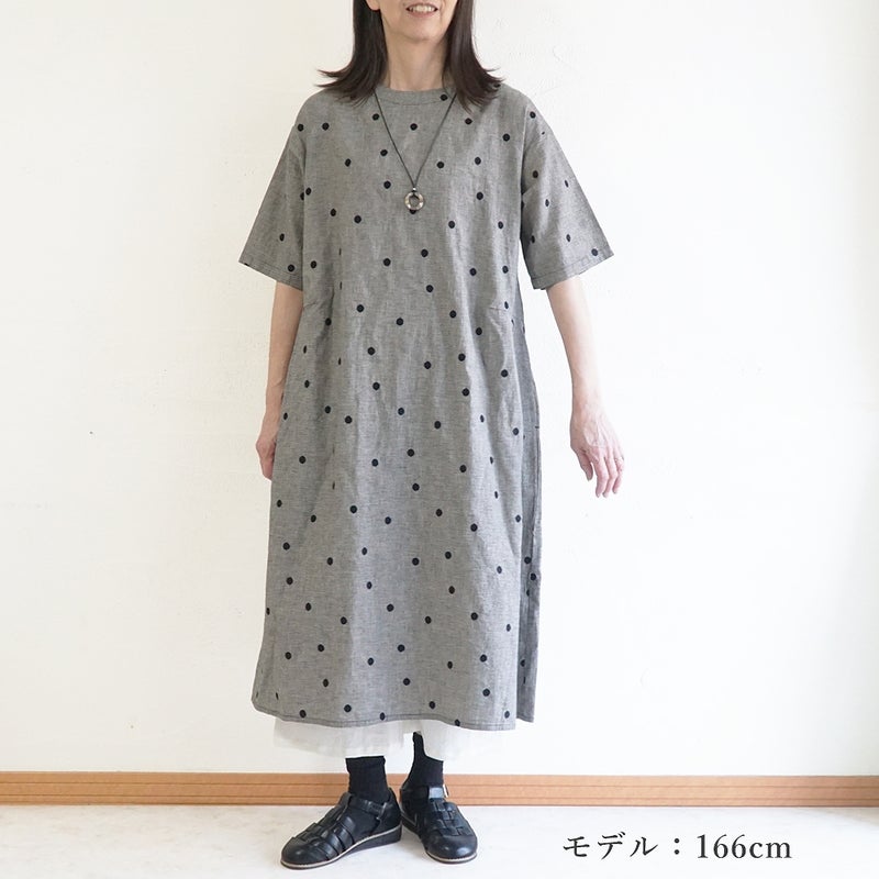 Branch m‘.,ブランチエム,ナチュラル,30代,40代,50代,60代,コットンリネン,ゆったり,ワンピース,2way,2wayワンピース,５分袖,シャツワンピース,綿麻,半袖,刺繍,ドット刺繍,刺繍ワンピース,ドット柄,ドットワンピース