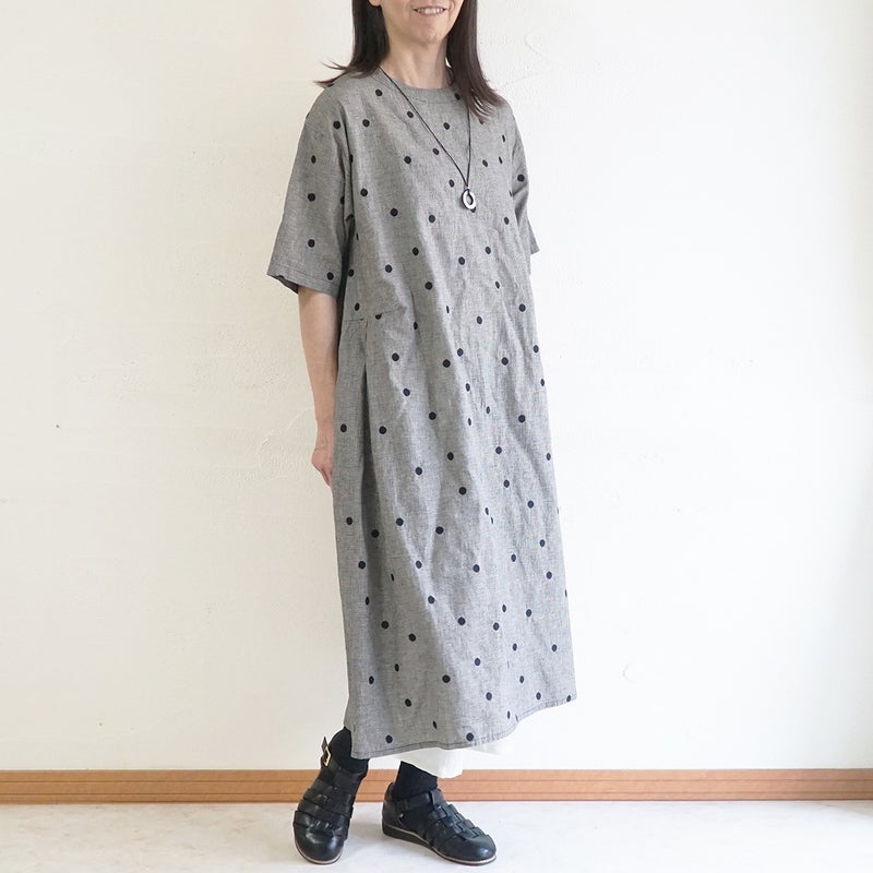 Branch m‘.,ブランチエム,ナチュラル,30代,40代,50代,60代,コットンリネン,ゆったり,ワンピース,2way,2wayワンピース,５分袖,シャツワンピース,綿麻,半袖,刺繍,ドット刺繍,刺繍ワンピース,ドット柄,ドットワンピース