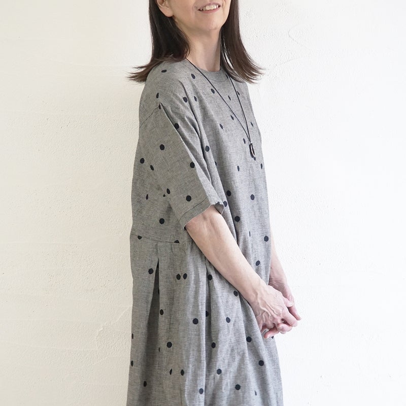 Branch m‘.,ブランチエム,ナチュラル,30代,40代,50代,60代,コットンリネン,ゆったり,ワンピース,2way,2wayワンピース,５分袖,シャツワンピース,綿麻,半袖,刺繍,ドット刺繍,刺繍ワンピース,ドット柄,ドットワンピース
