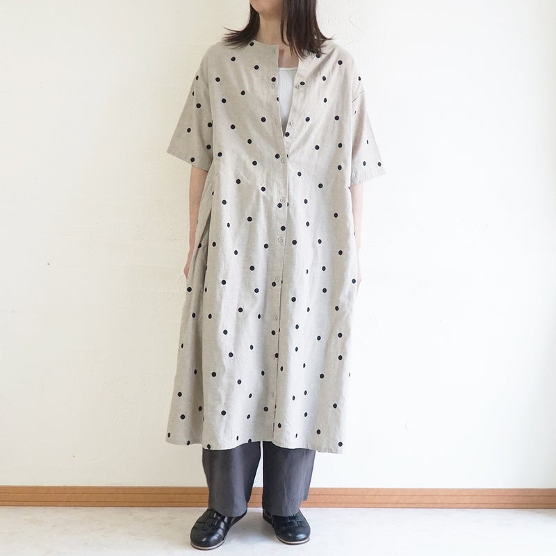 Branch m‘.,ブランチエム,ナチュラル,30代,40代,50代,60代,コットンリネン,ゆったり,ワンピース,2way,2wayワンピース,５分袖,シャツワンピース,綿麻,半袖,刺繍,ドット刺繍,刺繍ワンピース,ドット柄,ドットワンピース
