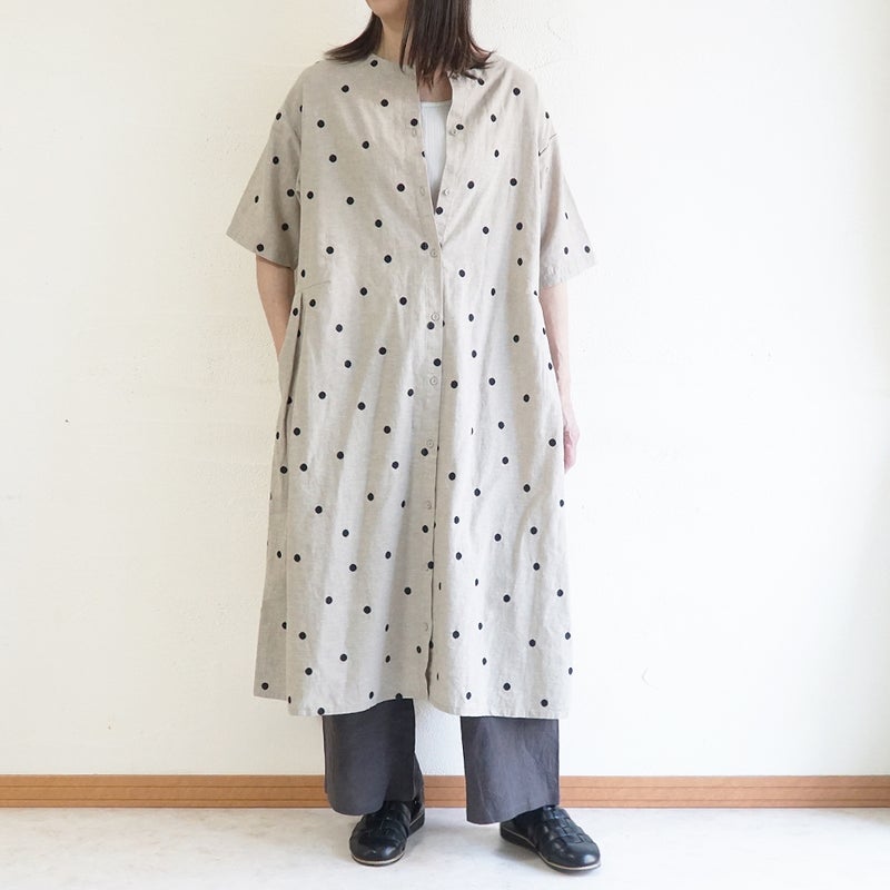 Branch m‘.,ブランチエム,ナチュラル,30代,40代,50代,60代,コットンリネン,ゆったり,ワンピース,2way,2wayワンピース,５分袖,シャツワンピース,綿麻,半袖,刺繍,ドット刺繍,刺繍ワンピース,ドット柄,ドットワンピース