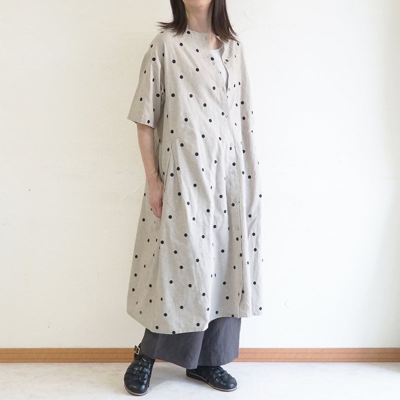 Branch m‘.,ブランチエム,ナチュラル,30代,40代,50代,60代,コットンリネン,ゆったり,ワンピース,2way,2wayワンピース,５分袖,シャツワンピース,綿麻,半袖,刺繍,ドット刺繍,刺繍ワンピース,ドット柄,ドットワンピース