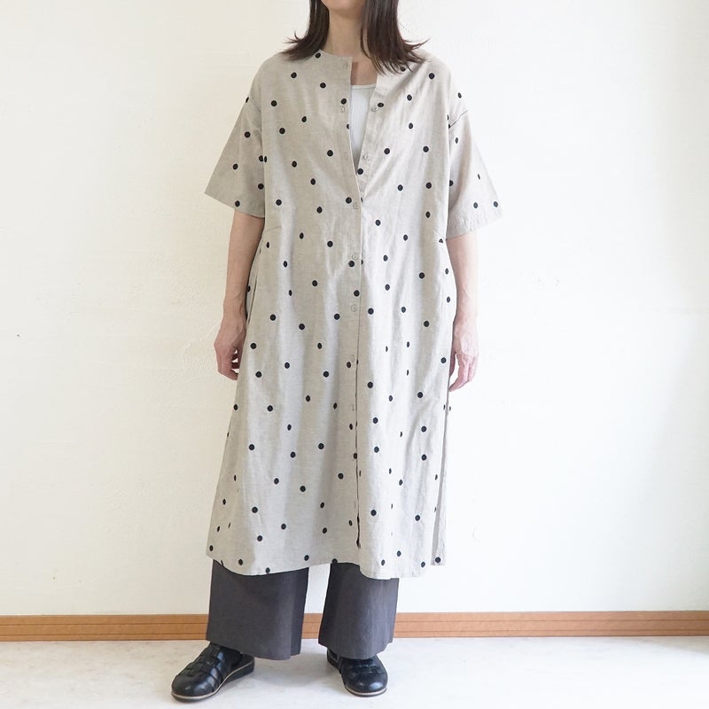 Branch m‘.,ブランチエム,ナチュラル,30代,40代,50代,60代,コットンリネン,ゆったり,ワンピース,2way,2wayワンピース,５分袖,シャツワンピース,綿麻,半袖,刺繍,ドット刺繍,刺繍ワンピース,ドット柄,ドットワンピース