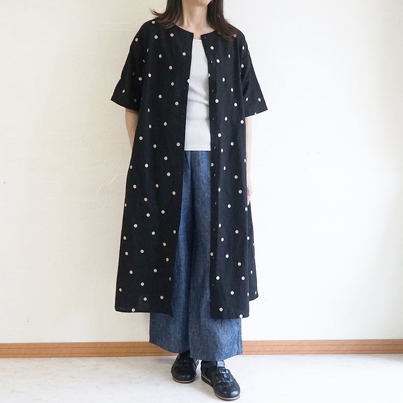 Branch m‘.,ブランチエム,ナチュラル,30代,40代,50代,60代,コットンリネン,ゆったり,ワンピース,2way,2wayワンピース,５分袖,シャツワンピース,綿麻,半袖,刺繍,ドット刺繍,刺繍ワンピース,ドット柄,ドットワンピース