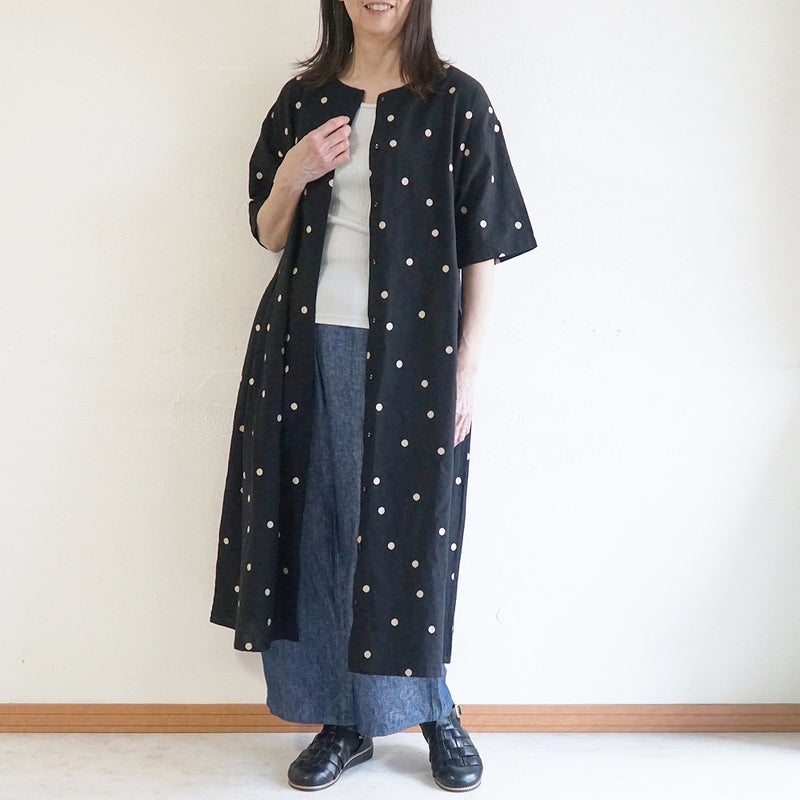 Branch m‘.,ブランチエム,ナチュラル,30代,40代,50代,60代,コットンリネン,ゆったり,ワンピース,2way,2wayワンピース,５分袖,シャツワンピース,綿麻,半袖,刺繍,ドット刺繍,刺繍ワンピース,ドット柄,ドットワンピース