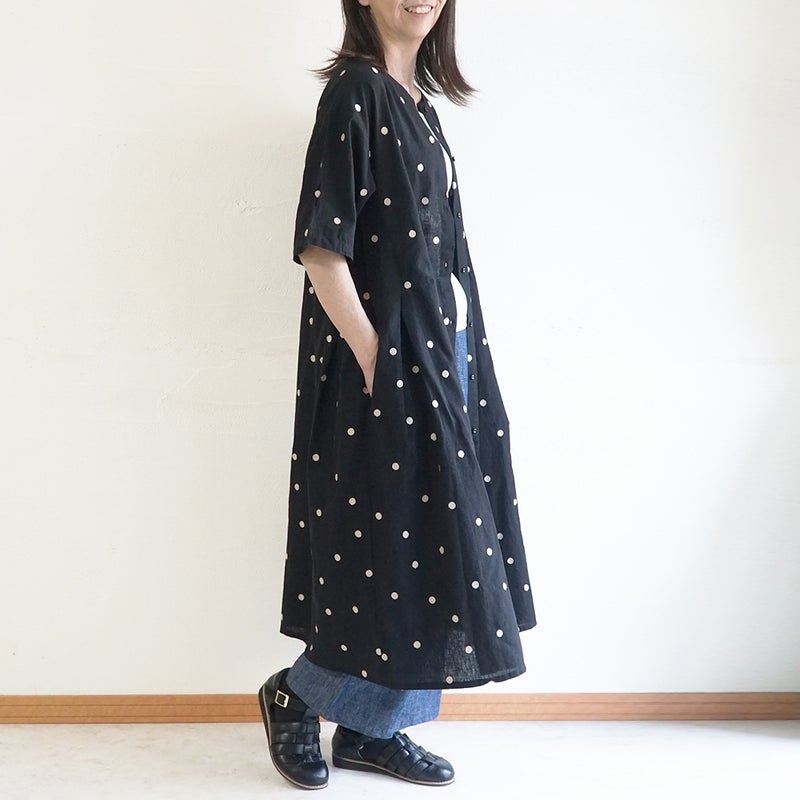 Branch m‘.,ブランチエム,ナチュラル,30代,40代,50代,60代,コットンリネン,ゆったり,ワンピース,2way,2wayワンピース,５分袖,シャツワンピース,綿麻,半袖,刺繍,ドット刺繍,刺繍ワンピース,ドット柄,ドットワンピース