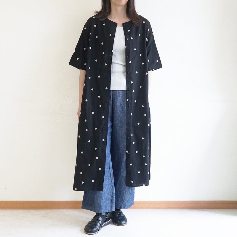 Branch m‘.,ブランチエム,ナチュラル,30代,40代,50代,60代,コットンリネン,ゆったり,ワンピース,2way,2wayワンピース,５分袖,シャツワンピース,綿麻,半袖,刺繍,ドット刺繍,刺繍ワンピース,ドット柄,ドットワンピース